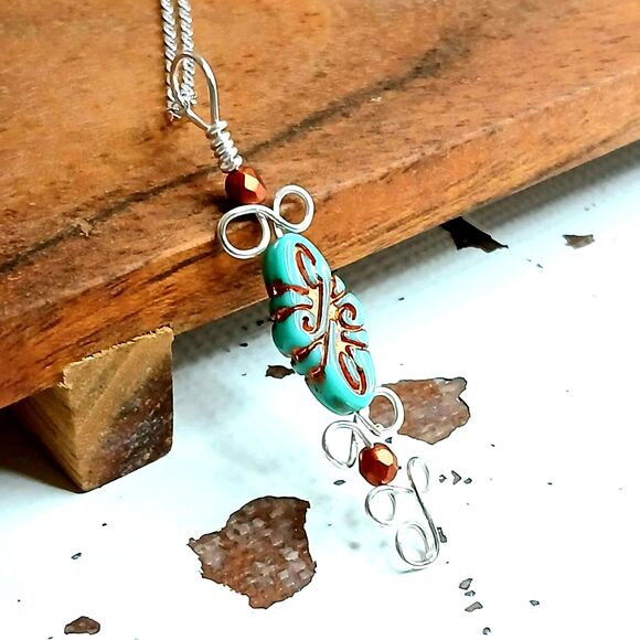 Czech Glass Beaded Pendant Necklace, Turquoise Silver Copper, Boho Statement - Picture 3 of 6